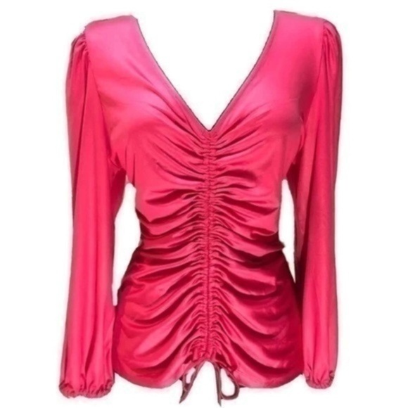 NEW NWT MARC NEW YORK Hot Pink Long Sleeve Ruched Gathered Y2K 00s Blouse Small - Picture 1 of 8